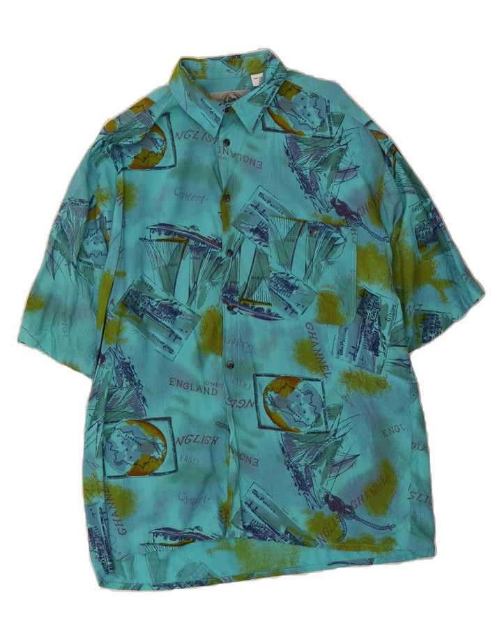 BODONI Mens Graphic Short Sleeve Shirt Size 39/40 Medium Blue Viscose Vintage Bodoni and Second-Hand Bodoni from Messina Hembry 