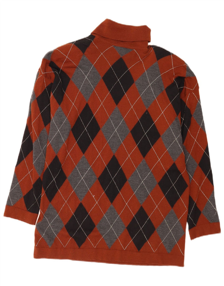 Vintage Dame Polo Neck Jumper Sweater EU 38 Medium Brown Argyle/Diamond