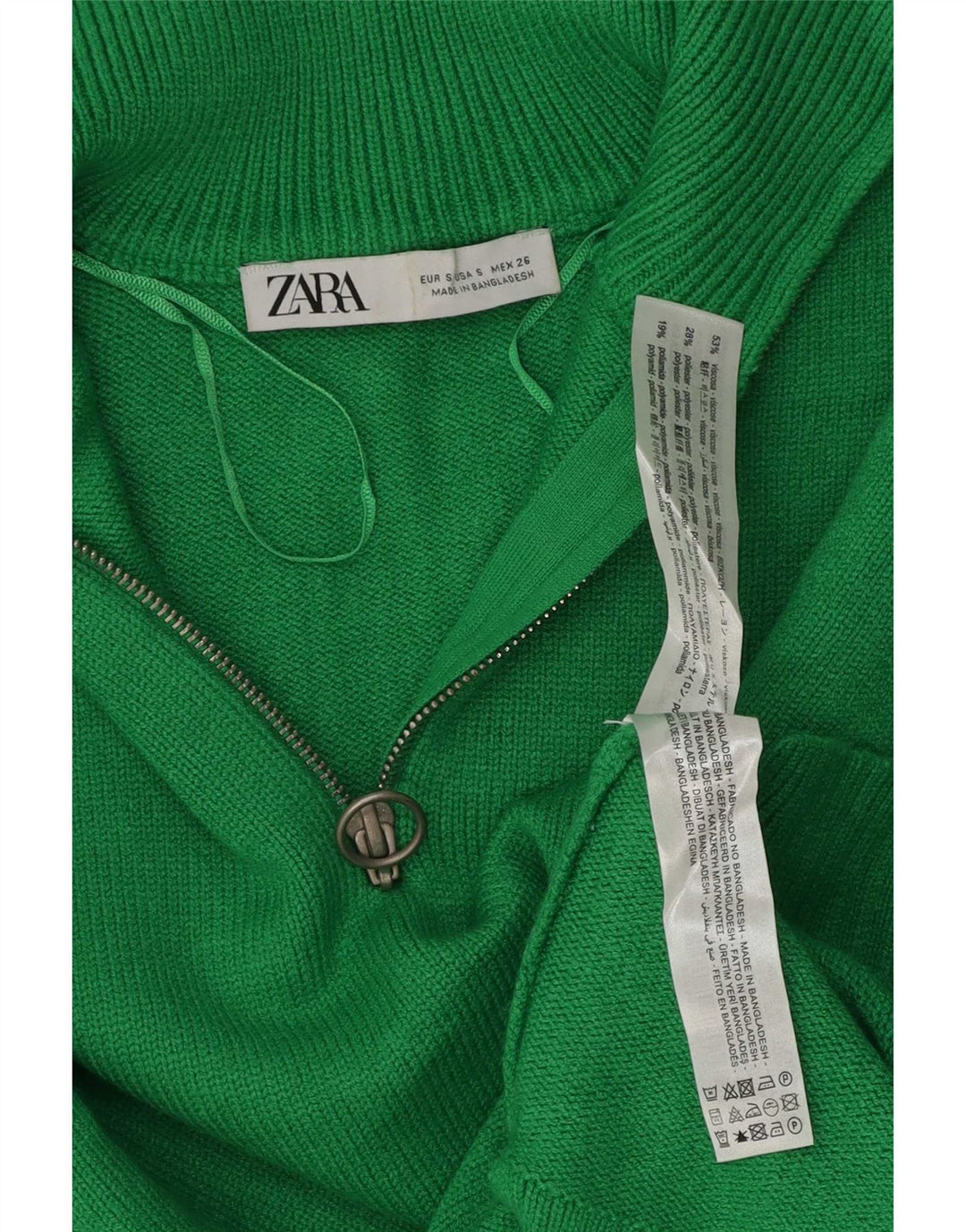 Zara Dame Oversized Zip Neck Jumper Sweater UK 10 Small Green Polyester