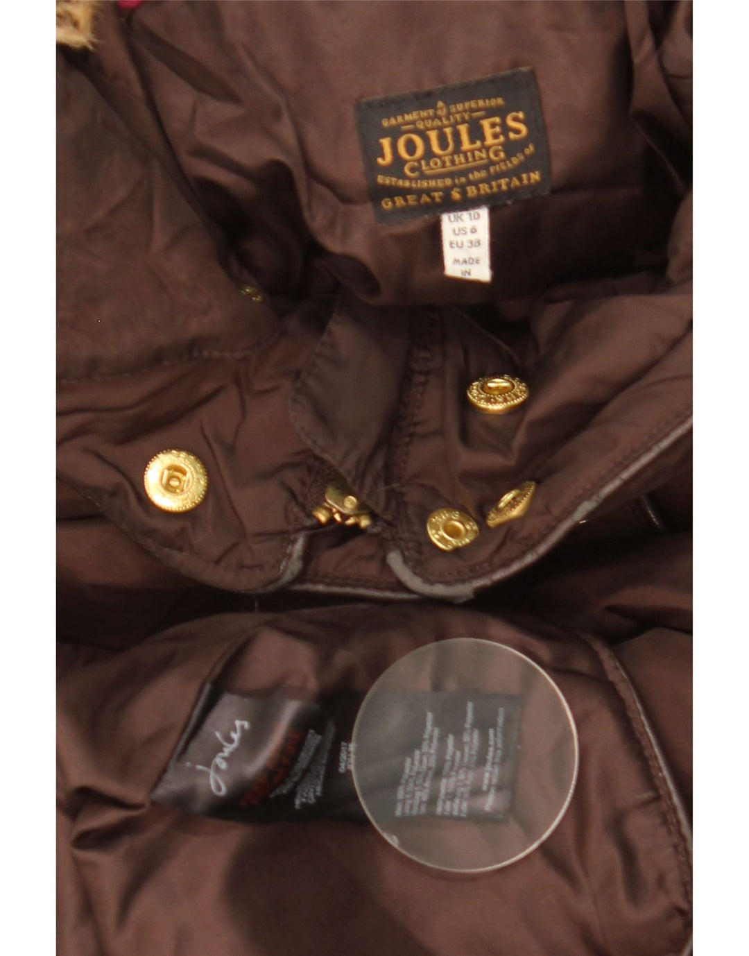 JOULES Dame hættepolstret frakke UK 10 Lille brun polyester