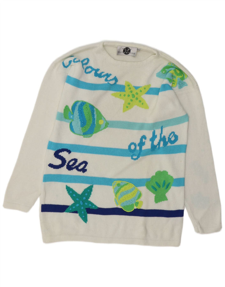 VINTAGE grafisk sweater med rund hals til kvinder EU 40 Medium hvid stribet