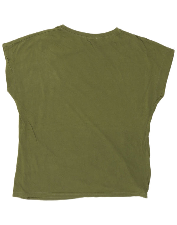 Zara Dame Grafisk T-Shirt Top UK 16 Stor Khaki Bomuld