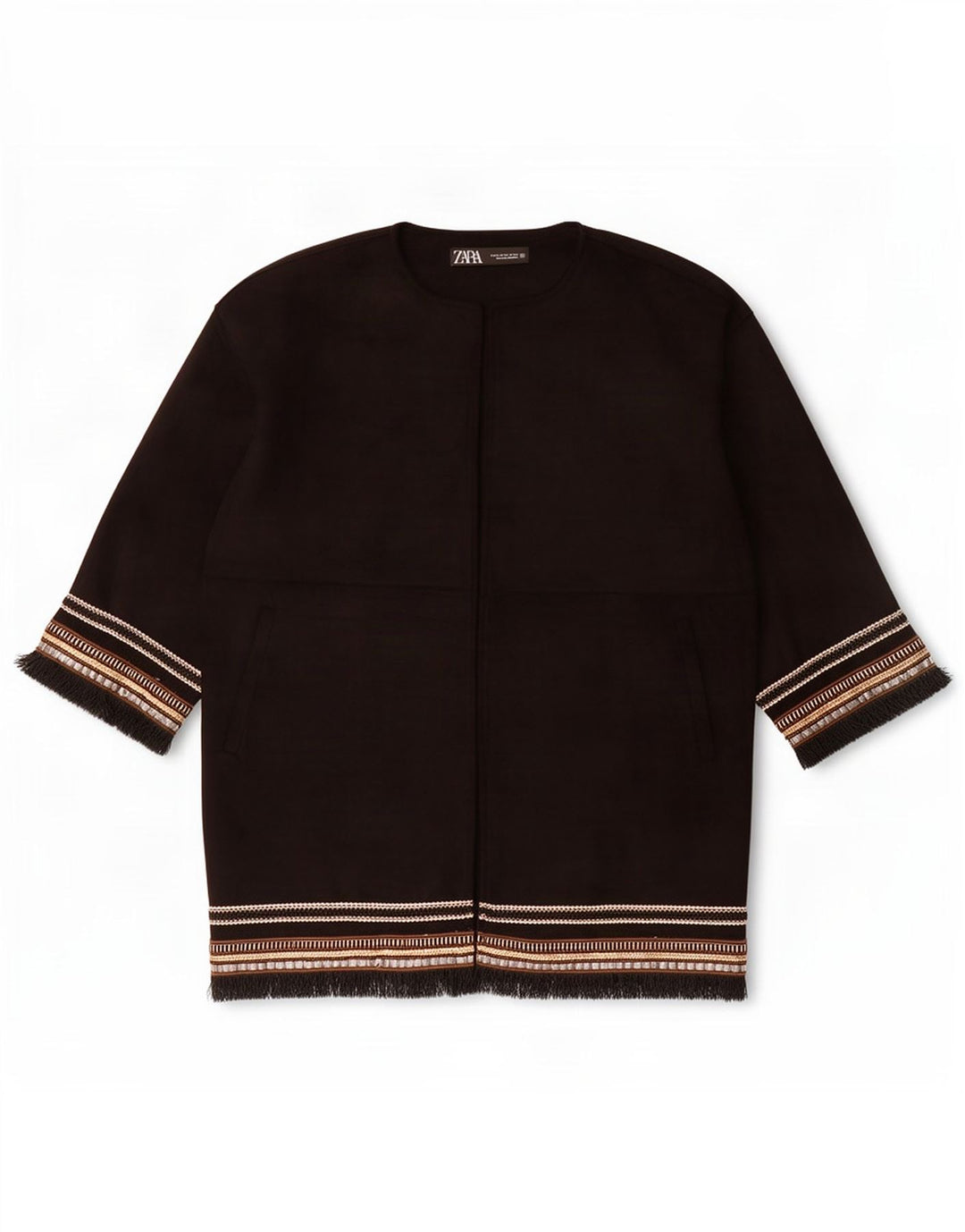 Zara Dame Oversized 3/4 Ærmet Åben Overfrakke UK 6 XS Sort Stribet