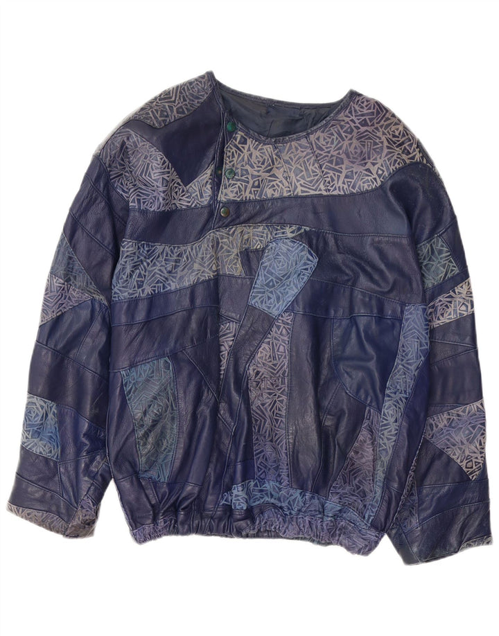 Vintage Dame Pullover Læderjakke UK 16 Large Navy Blue Patchwork