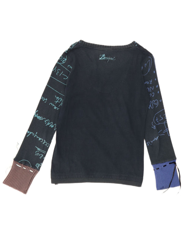 Desigual Dame Grafisk Top Langærmet UK 14 Medium Navy Blue Heart