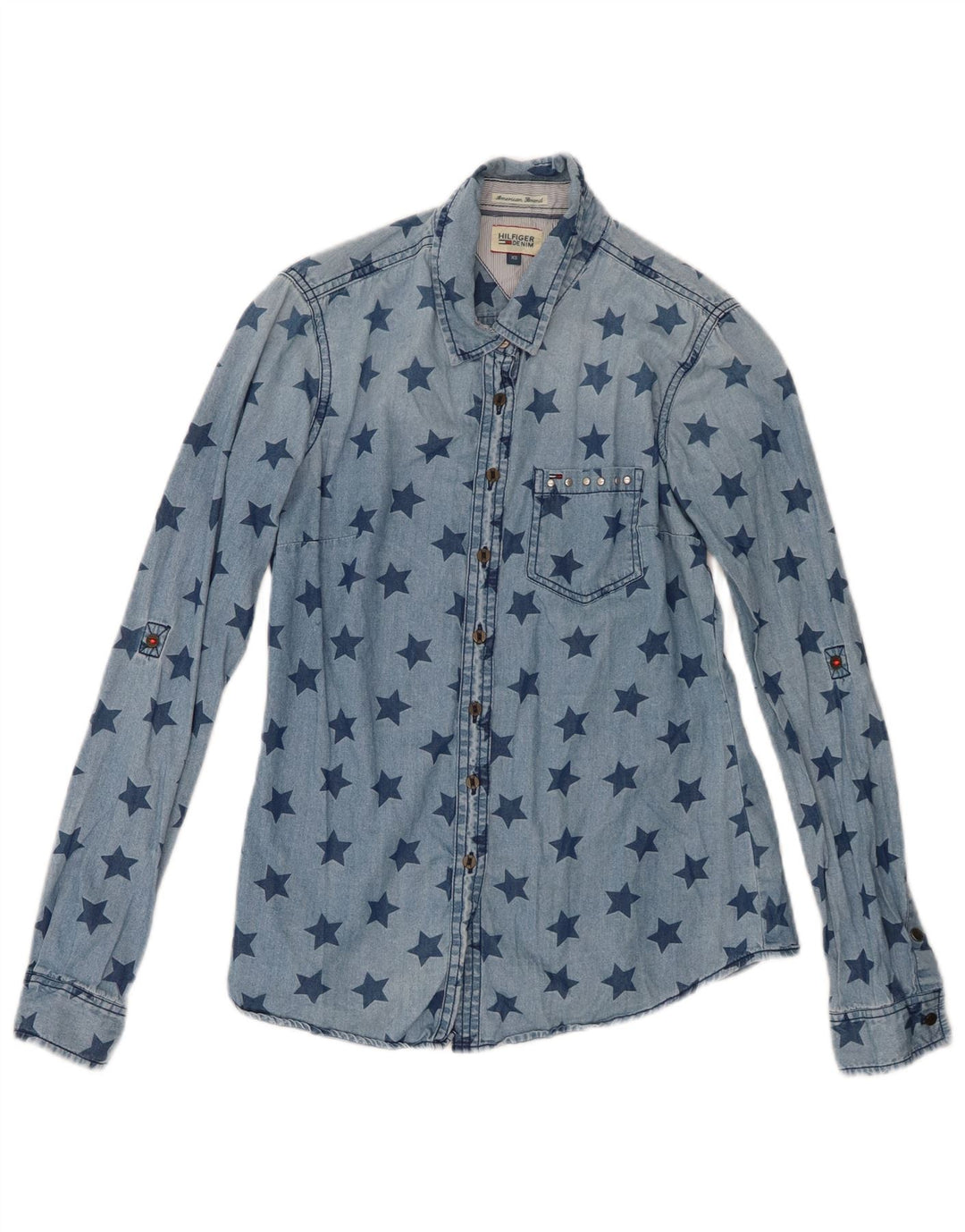 Tommy Hilfiger Dame abstrakt mønster denim skjorte UK 6 XS Blå