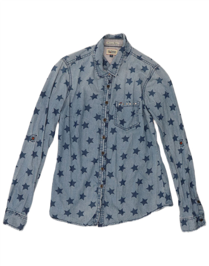 Tommy Hilfiger Dame abstrakt mønster denim skjorte UK 6 XS Blå