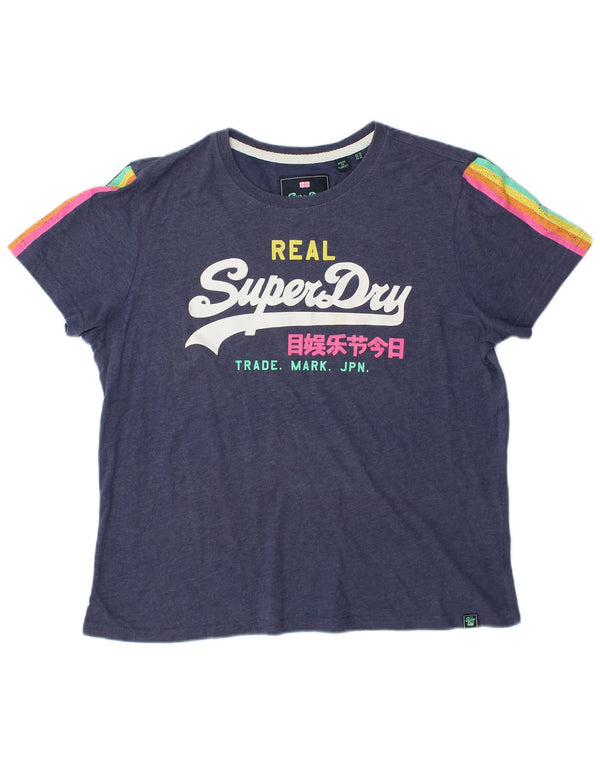 SUPERDRY Dame Grafisk T-Shirt Top UK 16 Stor Marineblå Bomuld