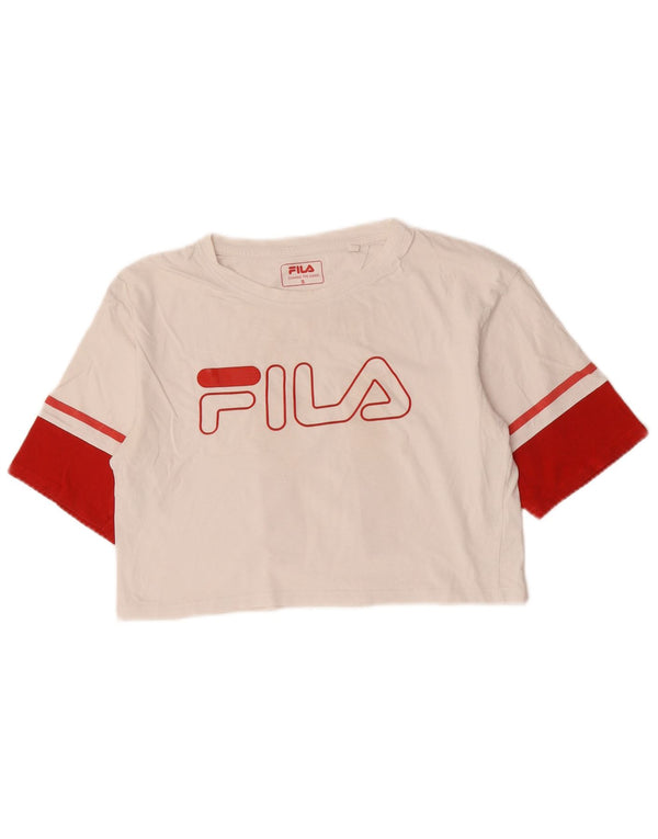Fila Womens Crop Grafisk T-Shirt Top UK 10 Small White Colourblock Bomuld