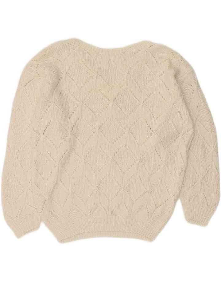 VINTAGE Womens V-Neck Jumper Sweater UK 14 Medium White Argyle/Diamond Vintage Vintage and Second-Hand Vintage from Messina Hembry 