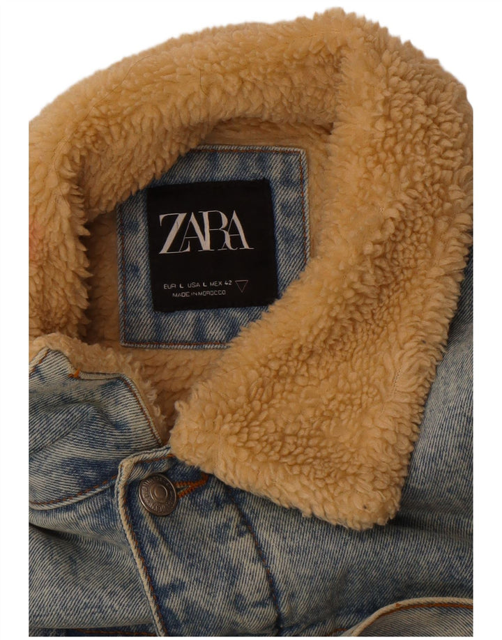 Zara Herre Denim Sherpa Jacket UK 40 Large Blue Polyester