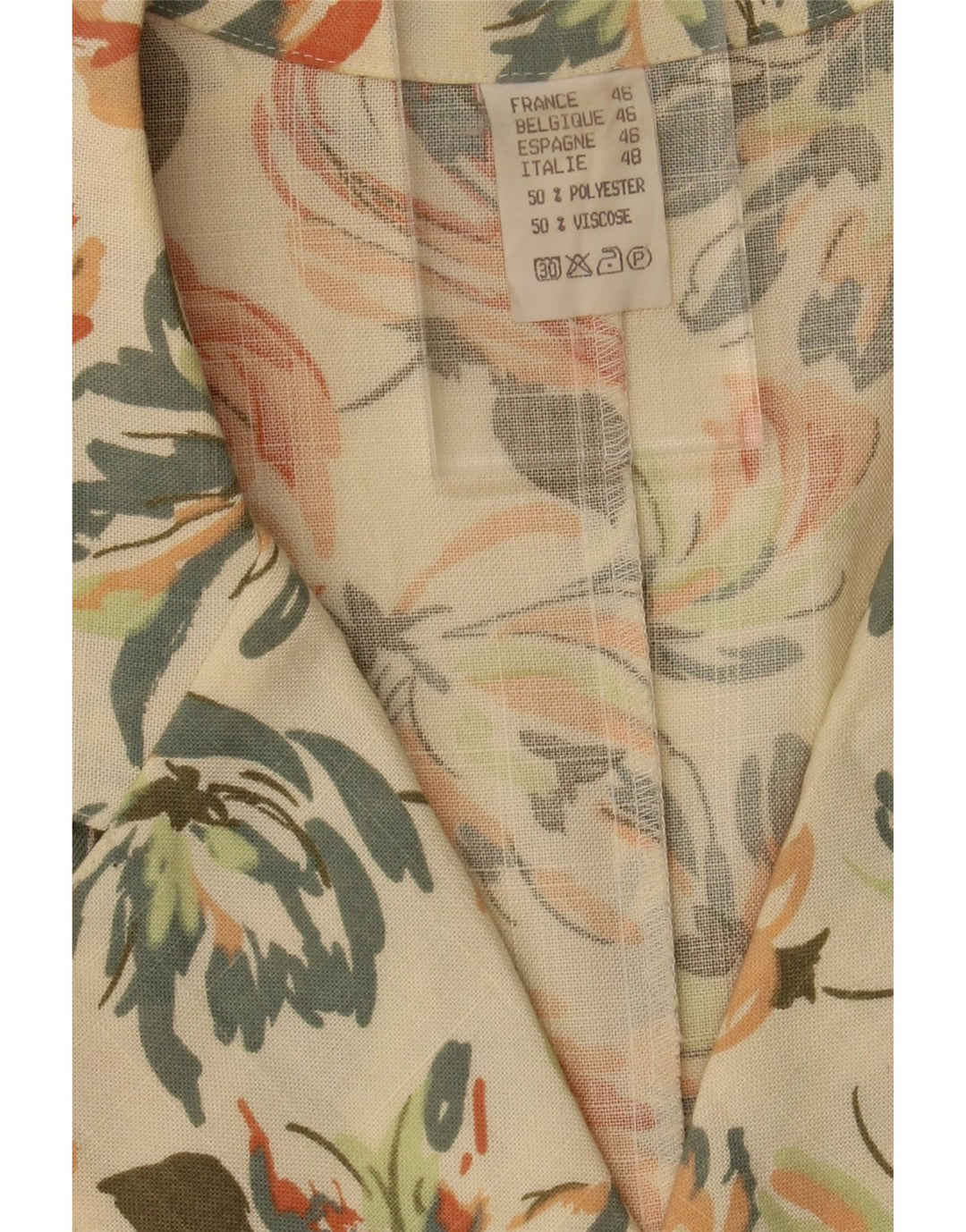 VINTAGE Womens Short Sleeve Blazer Jacket IT 46 Large Beige Floral Vintage Vintage and Second-Hand Vintage from Messina Hembry 