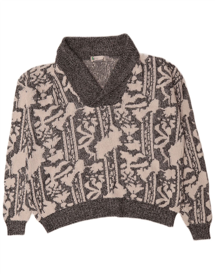 Vintage herre abstrakt mønster sjal hals sweater XL grå