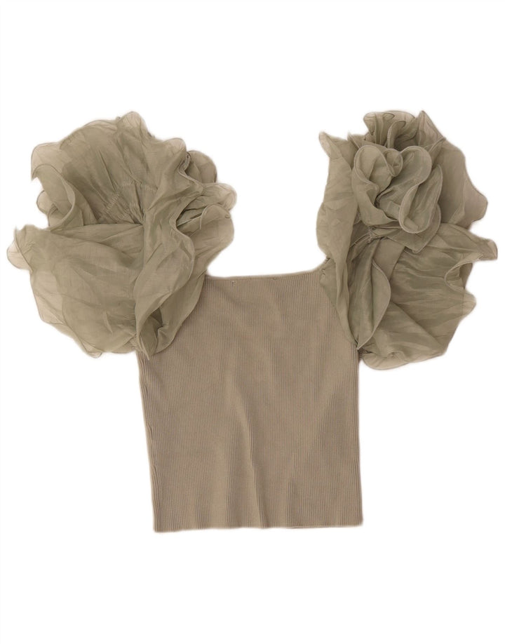 Zara Womens Crop Bluse Top UK 12 Medium Beige Viscose