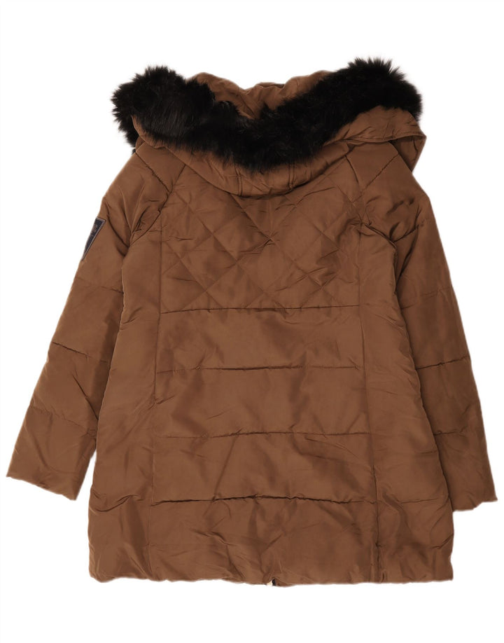 Zara Dame Hætte Polstret Frakke UK 16 Stor Brun Polyester
