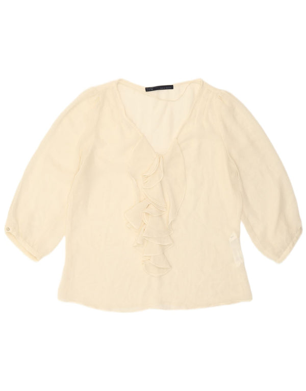 Zara Womens 3/4 Sleeve Ruffle Front Blouse Top UK 14 Large Off White