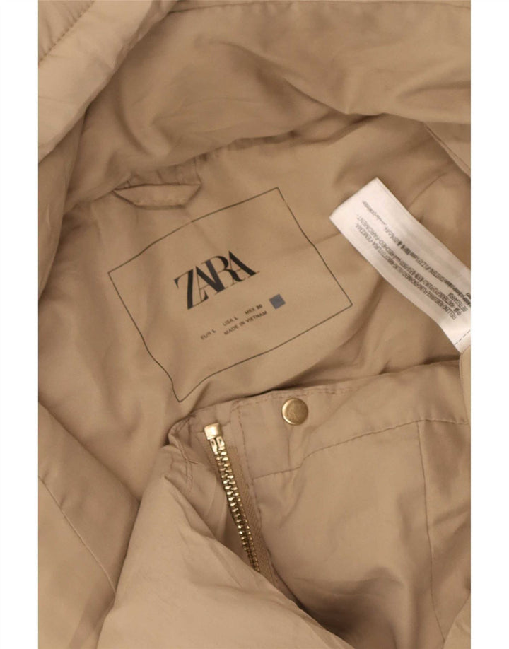 Zara Dame Hætte Ærmeløs Polstret Frakke UK 16 Stor Beige Polyester