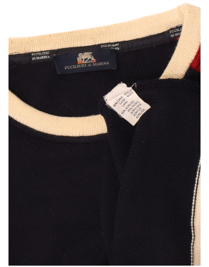 Vintage Herre rund hals sweater lille marineblå Colourblock Uld