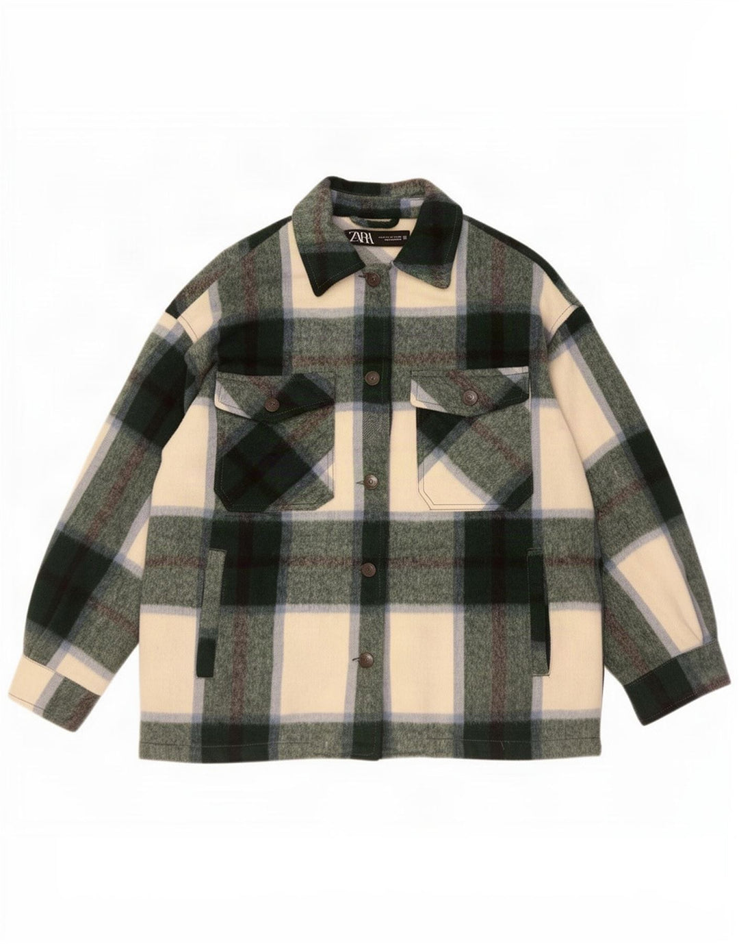 Zara Womens Oversized Utility Jacket UK 6 XS Grøn ternet akryl