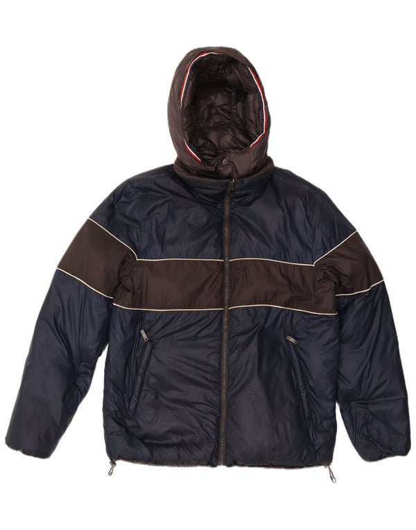 Fila Herre Hætte Vendbar Polstret Jakke UK 40 Large Navy Blue Colourblock