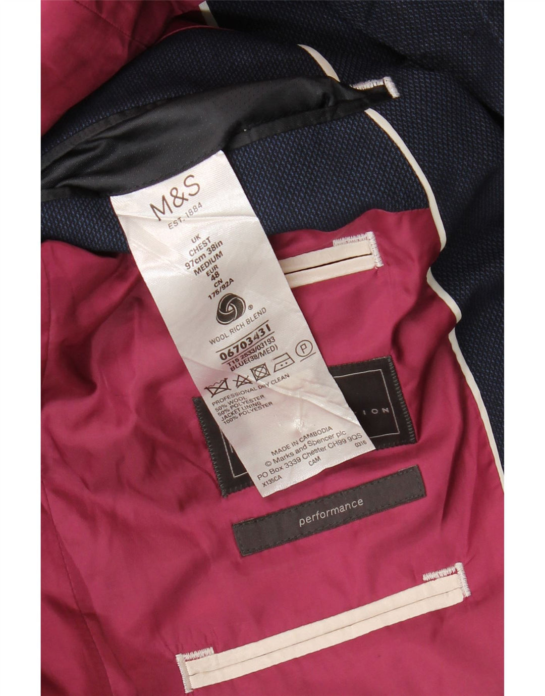 Marks & Spencer Herre 2-knaps blazerjakke UK 38 Mellem marineblå uld