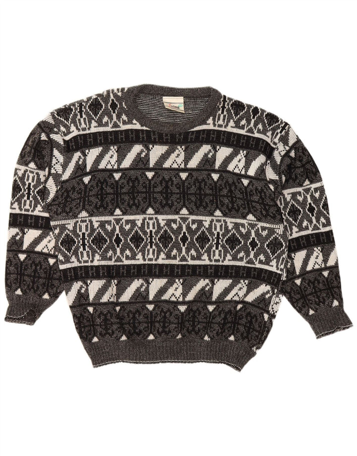 VINTAGE Herre Boat Neck Jumper Sweater XL Grå Geometrisk Akryl