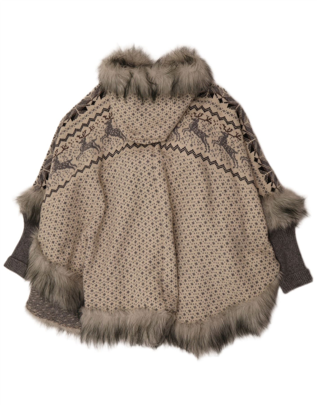 Vintage Dame Strik Hætte Poncho Coat UK 16 Large Grey Fair Isle