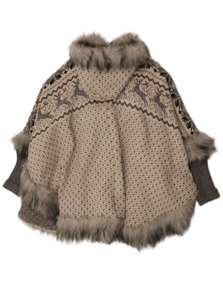 Vintage Dame Strik Hætte Poncho Coat UK 16 Large Grey Fair Isle