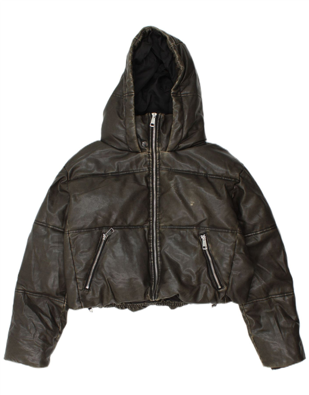 ZARA Dame Oversized Crop Hætte polstret jakke UK 10 Small Khaki