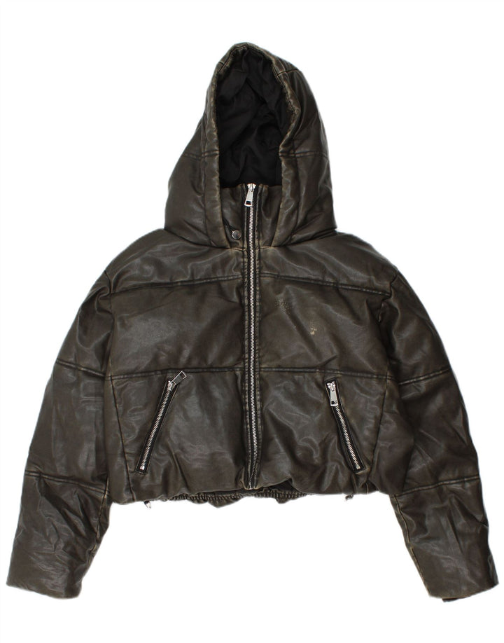 ZARA Dame Oversized Crop Hætte polstret jakke UK 10 Small Khaki