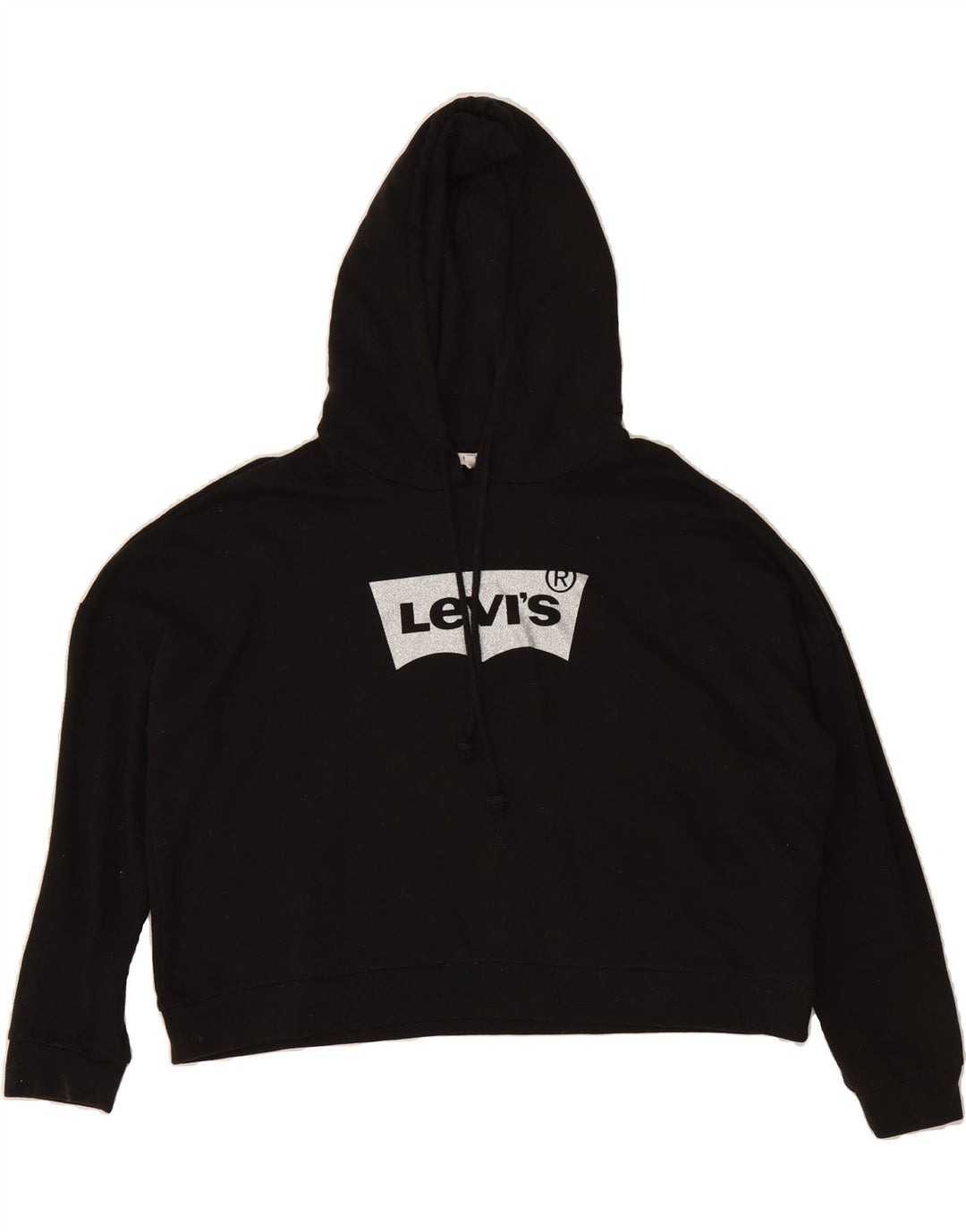 LEVI'S Womens Oversized Crop Graphic Hoodie Jumper UK 16 Large Black Vintage Levi's and Second-Hand Levi's from Messina Hembry 