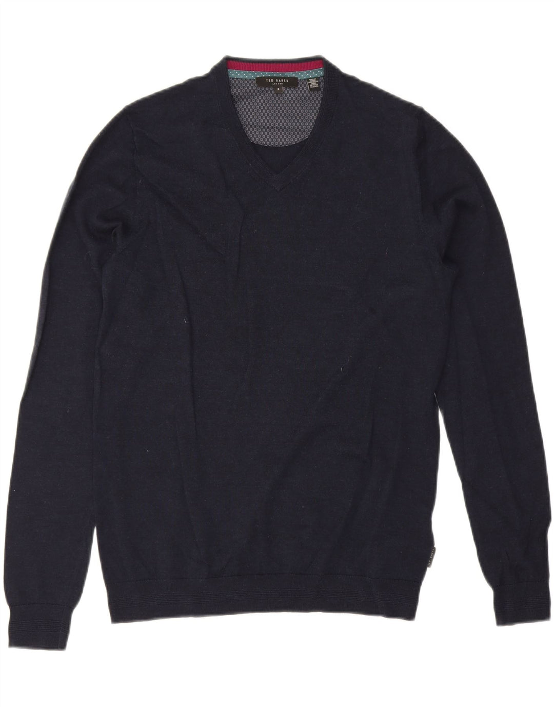TED BAKER Herre V-hals sweater str. 3 Medium Marineblå Merinould