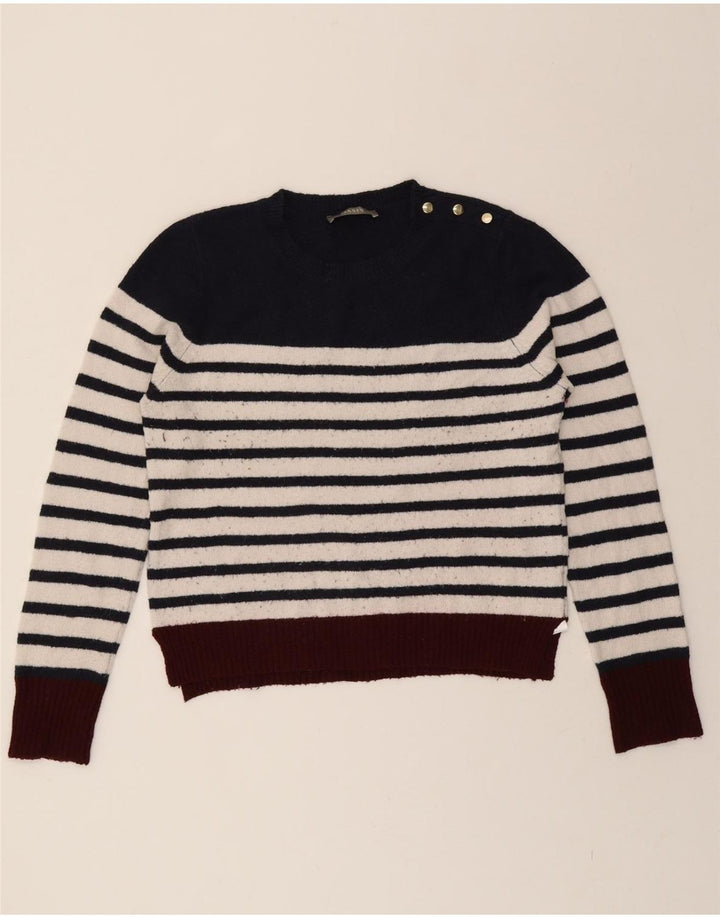 OASIS Womens Crop Crew Neck Jumper Sweater UK 14 Medium Navy Blue Striped Vintage Oasis and Second-Hand Oasis from Messina Hembry 