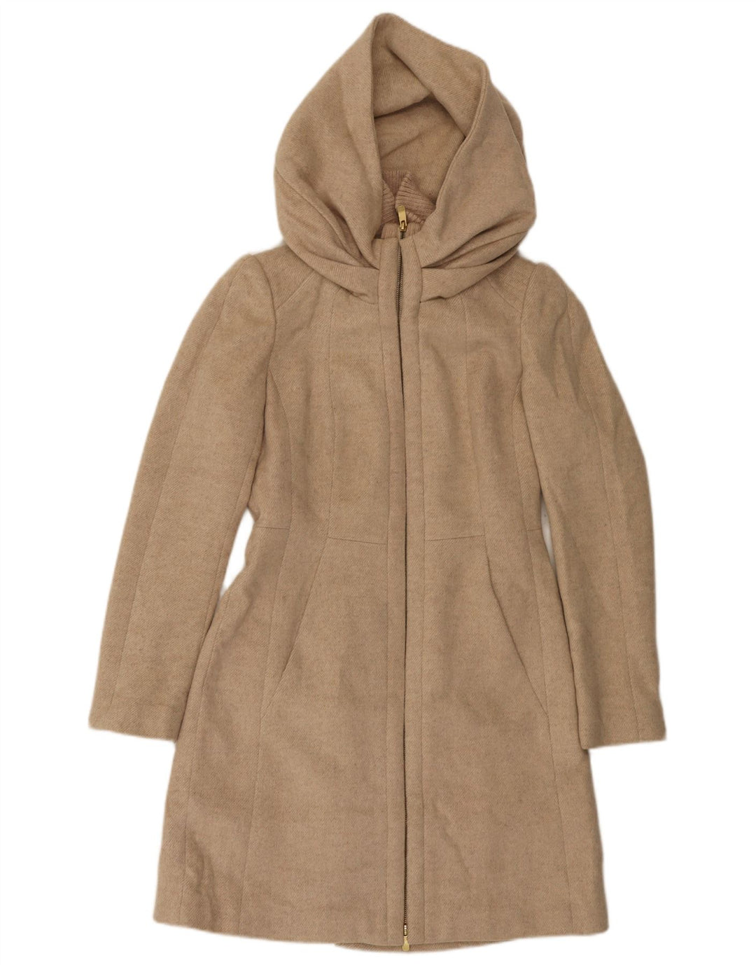 Zara Dame Hætte Overfrakke UK 12 Medium Beige Uld