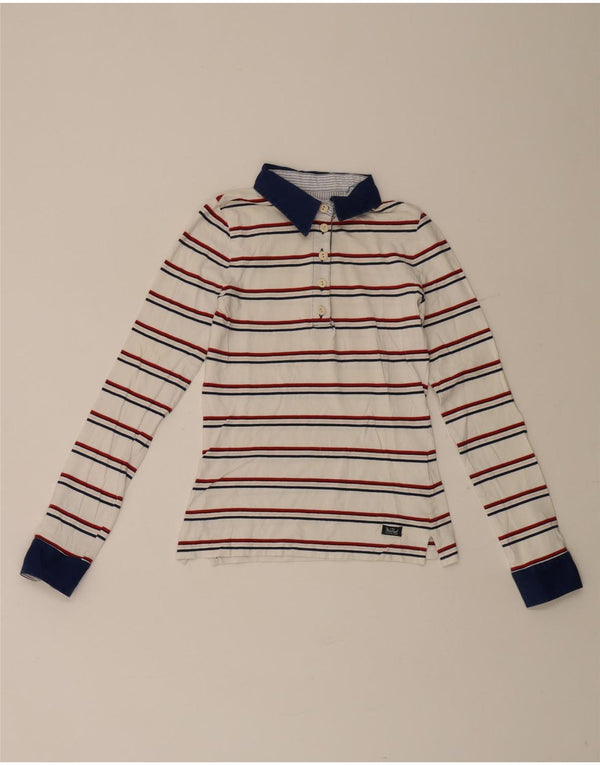Woolrich Dame Langærmet Rugby Polo Shirt UK 8 Lille hvid stribet