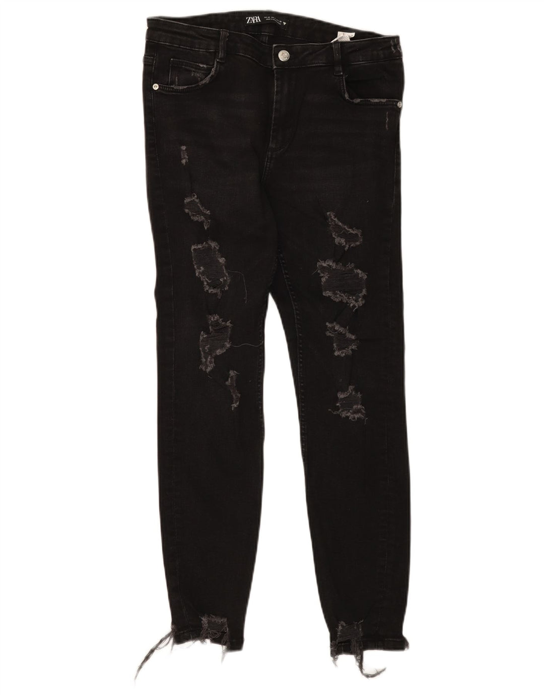 Zara Dame Distressed Slim Jeans EU 40 Medium W30 L27 Sort Bomuld