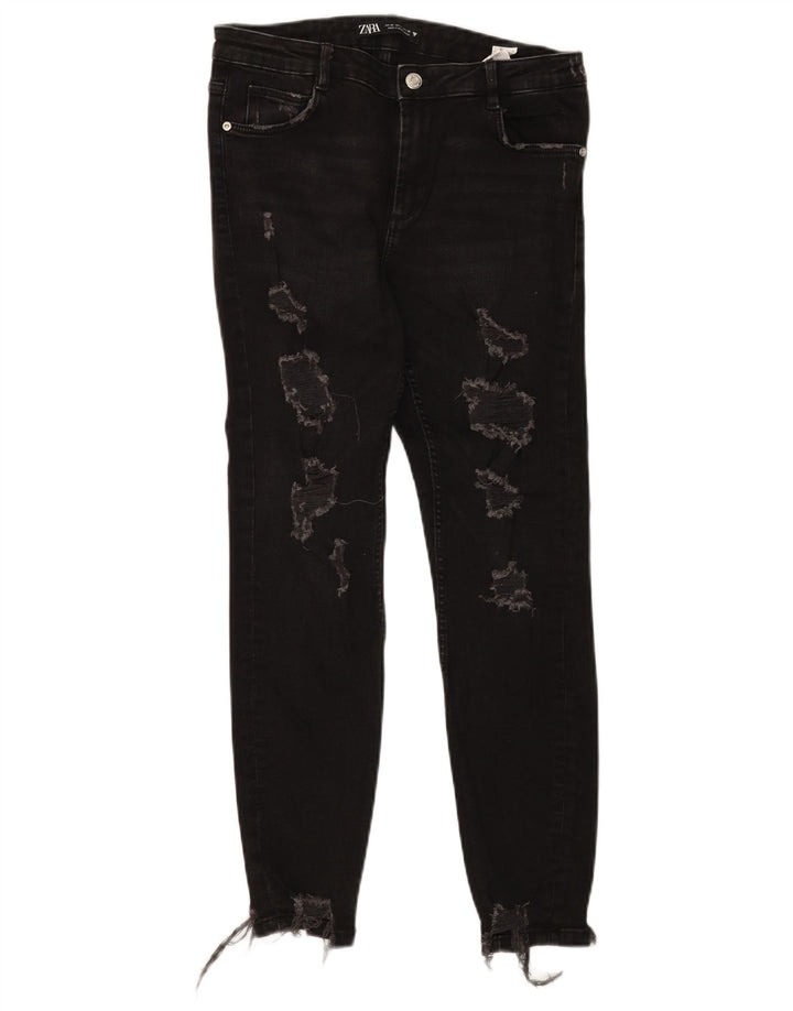 Zara Dame Distressed Slim Jeans EU 40 Medium W30 L27 Sort Bomuld