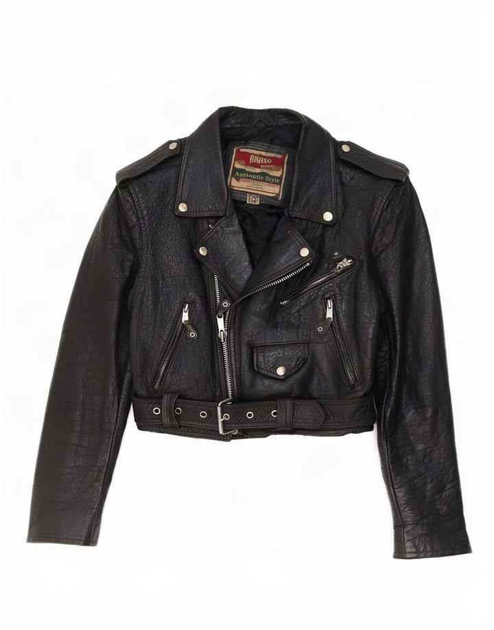 Akaso Womens Crop Læder Biker Jacket UK 10 Small Black