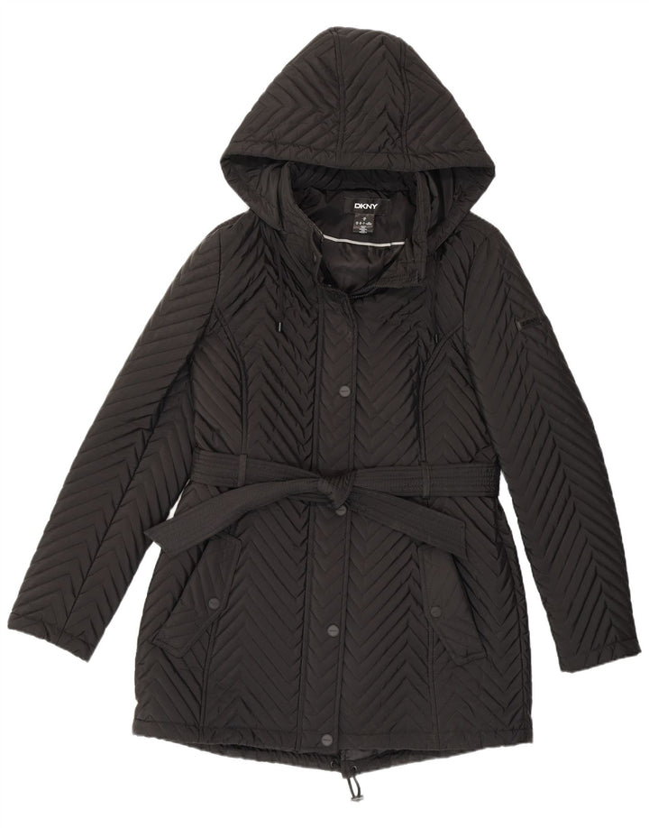Dkny Dame Hooded Windbreaker Coat UK 12 Medium Black Chevron