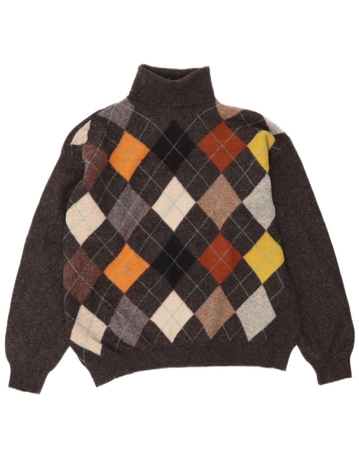 Benetton Herre Roll Neck Jumper Sweater IT 52 Large Grey Argyle/Diamond Wool