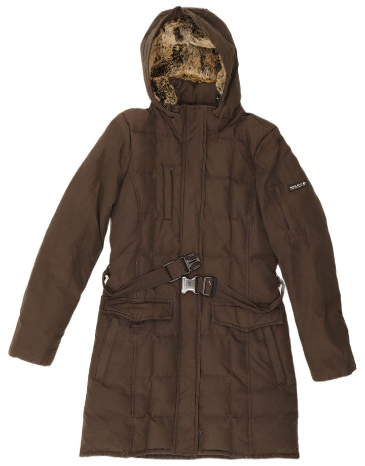 Woolrich Dame Hætte Polstret Frakke UK 12 Medium Khaki Bomuld