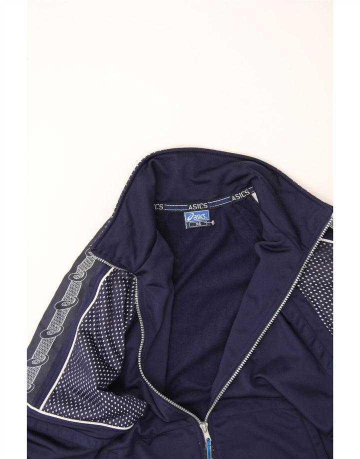 ASICS Mens Graphic Tracksuit Top Jacket XS Navy Blue Polyester Vintage Asics and Second-Hand Asics from Messina Hembry 