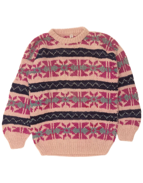 Vintage dame sweater med rund hals, UK 16 Large Pink Fair Isle Wool