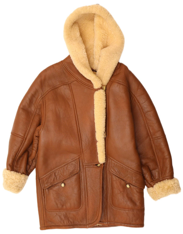 VINTAGE Dame Hooded Shearling Coat UK 16 Large Beige Shearling Classic