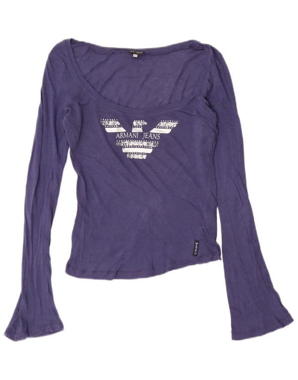 Armani Jeans Dame Crop Grafisk Top Langærmet UK 14 Medium Blue Bomuld