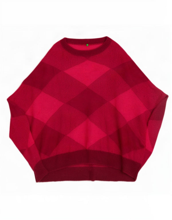 Benetton Womens Oversized Poncho Jumper One Size Pink Argyle/Diamond
