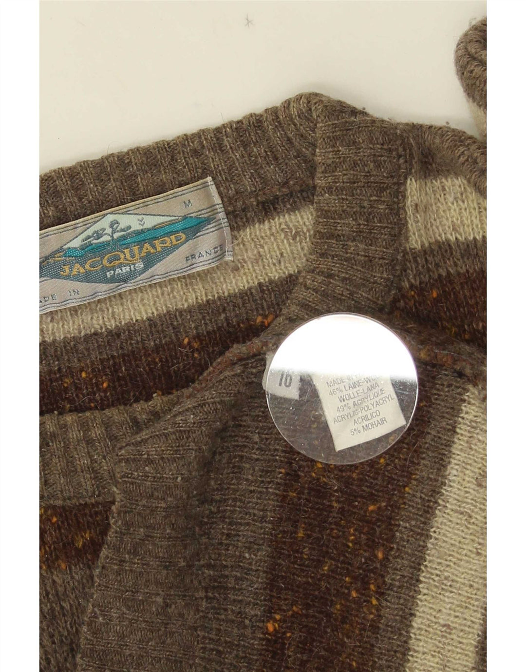 Vintage mænd med rund hals sweater medium Khaki stribet uld