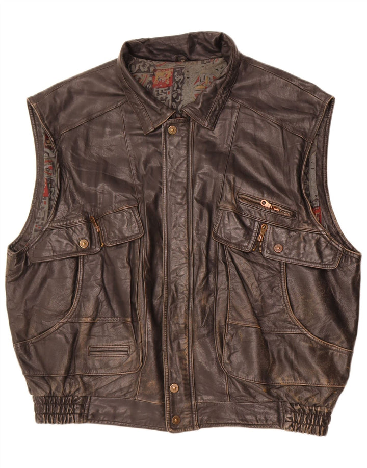 Vintage Herre Læder Gilet IT 62 6XL Sort Læder