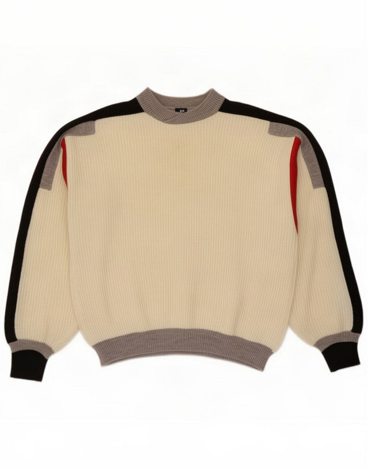 Vintage Herre Turtle Neck trøje Sweater Large White Colourblock