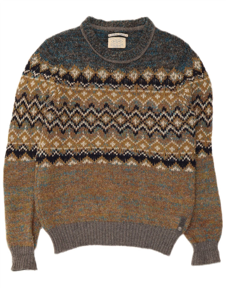 Replay Herre Crew Neck Jumper Sweater Small Green Fair Isle Wool